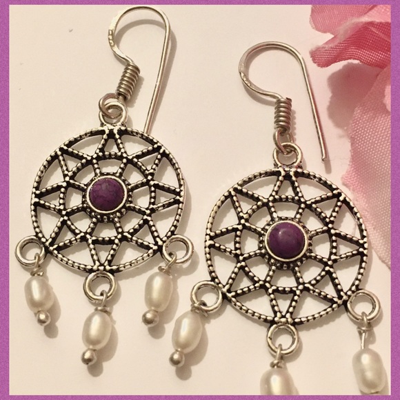 Copper Turquoise Gemstone Dream Catcher Earrings - Picture 2 of 3